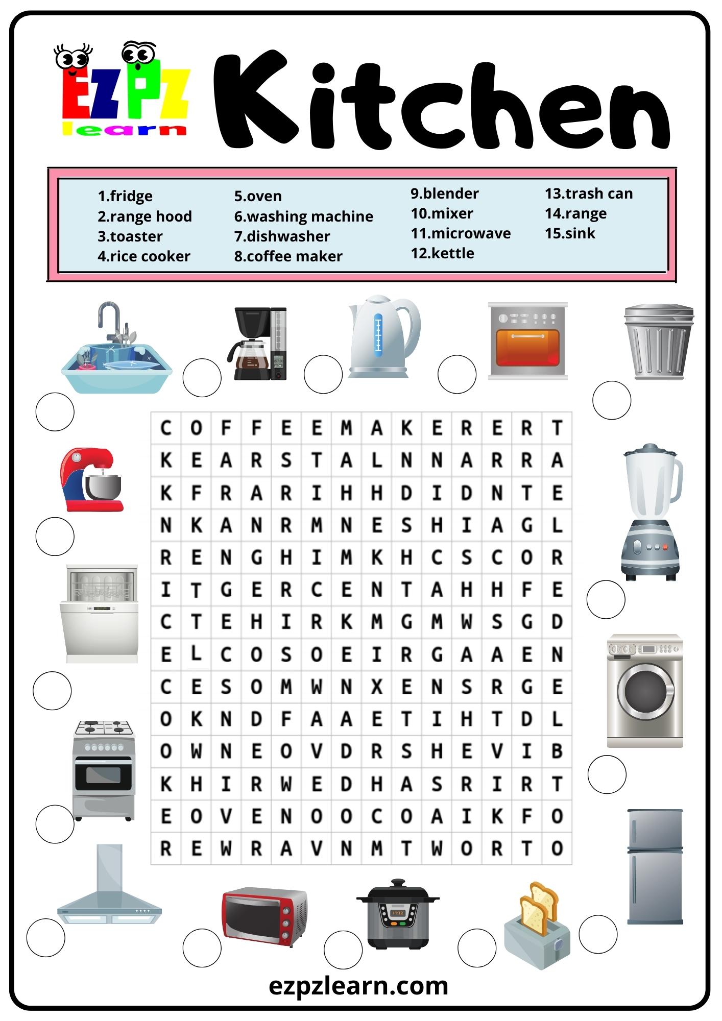 Kitchen Word Search 2 with Images for ESL Students Teachers and Parents